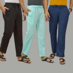 Combo of 3 Black Cyan and Navy Blue Cotton Men Pants-45662