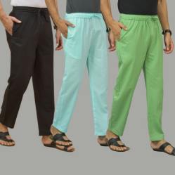 Combo of 3 Black Cyan and Parrot Green Cotton Men Pants-45669