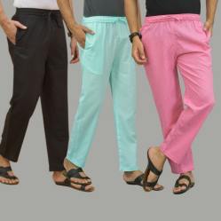 Combo of 3 Black Cyan and Pink Cotton Men Pants-45671