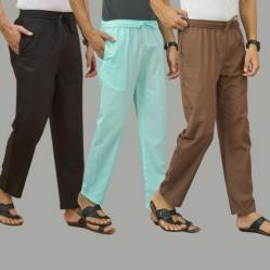 Combo of 3 Black Cyan and Rust Brown Cotton Men Pants-45665