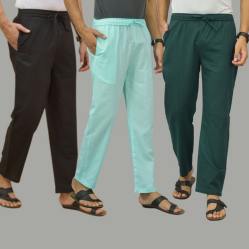 Combo of 3 Black Cyan and Teal Blue Cotton Men Pants-45664