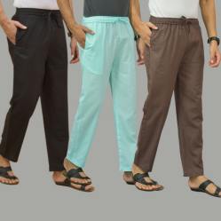 Combo of 3 Black Cyan and Wood Brown Cotton Men Pants-45663