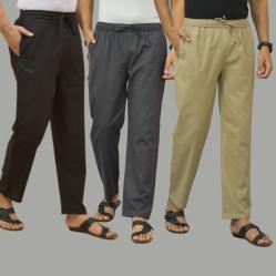 Combo of 3 Black Dark Gray and Beige Cotton Men Pants-45728