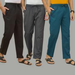 Combo of 3 Black Dark Gray and Blue Cotton Men Pants-45730
