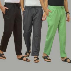Combo of 3 Black Dark Gray and Parrot Green Cotton Men Pants-45729