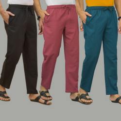 Combo of 3 Black Dark Red and Blue Cotton Men Pants-45681