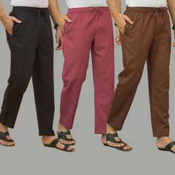 Combo of 3 Black Dark Red and Coffee Brown Cotton Men Pants-45677