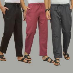 Combo of 3 Black Dark Red and Dark Gray Cotton Men Pants-45678