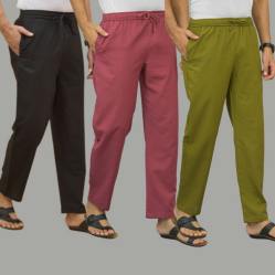 Combo of 3 Black Dark Red and Mos Green Cotton Men Pants-45672