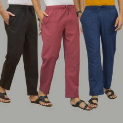 Combo of 3 Black Dark Red and Navy Blue Cotton Men Pants-45673