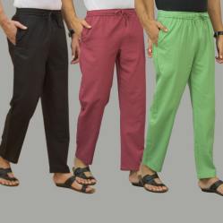 Combo of 3 Black Dark Red and Parrot Green Cotton Men Pants-45680