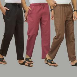 Combo of 3 Black Dark Red and Rust Brown Cotton Men Pants-45676