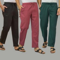Combo of 3 Black Dark Red and Teal Blue Cotton Men Pants-45675