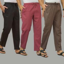 Combo of 3 Black Dark Red and Wood Brown Cotton Men Pants-45674