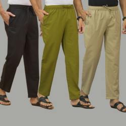 Combo of 3 Black Mos Green and Beige Cotton Men Pants-45689