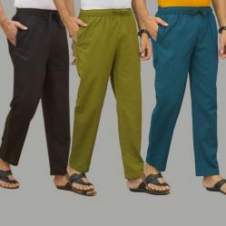 Combo of 3 Black Mos Green and Blue Cotton Men Pants-45691