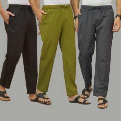 Combo of 3 Black Mos Green and Dark Gray Cotton Men Pants-45688