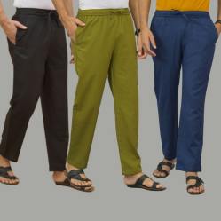 Combo of 3 Black Mos Green and Navy Blue Cotton Men Pants-45683
