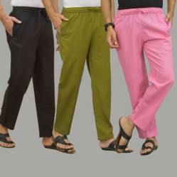 Combo of 3 Black Mos Green and Pink Cotton Men Pants-45692
