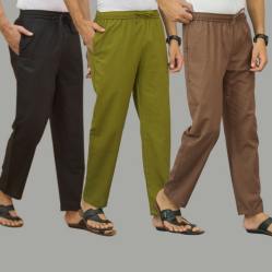Combo of 3 Black Mos Green and Rust Brown Cotton Men Pants-45686