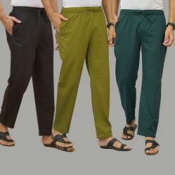 Combo of 3 Black Mos Green and Teal Blue Cotton Men Pants-45685