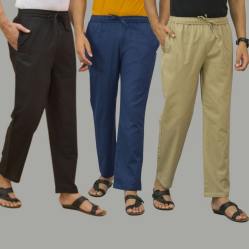 Combo of 3 Black Navy Blue and Beige Cotton Men Pants-45698