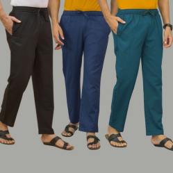 Combo of 3 Black Navy Blue and Blue Cotton Men Pants-45700