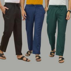 Combo of 3 Black Navy Blue and Teal Blue Cotton Men Pants-45694