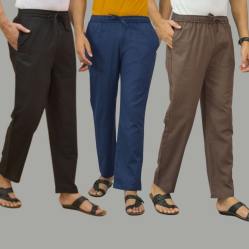 Combo of 3 Black Navy Blue and Wood Brown Cotton Men Pants-45693