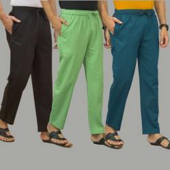 Combo of 3 Black Parrot Green and Blue Cotton Men Pants-45735