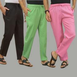 Combo of 3 Black Parrot Green and Pink Cotton Men Pants-45736