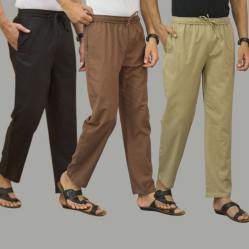 Combo of 3 Black Rust Brown and Beige Cotton Men Pants-45719