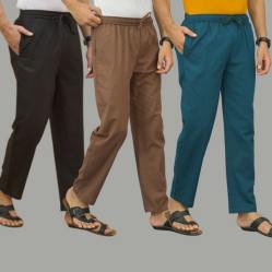 Combo of 3 Black Rust Brown and Blue Cotton Men Pants-45721