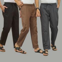 Combo of 3 Black Rust Brown and Dark Gray Cotton Men Pants-45718