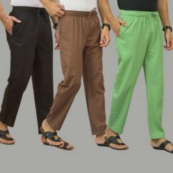 Combo of 3 Black Rust Brown and Parrot Green Cotton Men Pants-45720