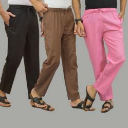 Combo of 3 Black Rust Brown and Pink Cotton Men Pants-45722