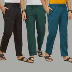 Combo of 3 Black Teal Blue and Blue Cotton Men Pants-45715