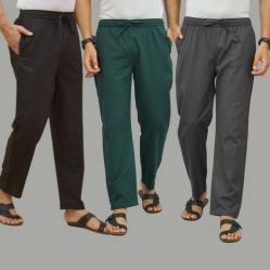 Combo of 3 Black Teal Blue and Dark Gray Cotton Men Pants-45712