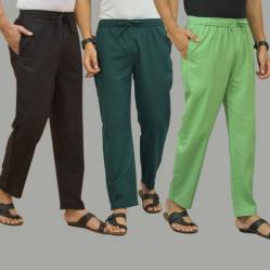 Combo of 3 Black Teal Blue and Parrot Green Cotton Men Pants-45714