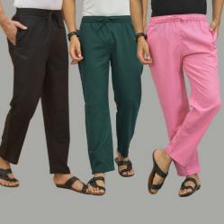 Combo of 3 Black Teal Blue and Pink Cotton Men Pants-45716