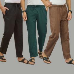 Combo of 3 Black Teal Blue and Rust Brown Cotton Men Pants-45710