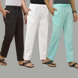 Combo of 3 Black White and Cyan Cotton Men Pants-45647