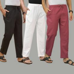 Combo of 3 Black White and Dark Red Cotton Men Pants-45648