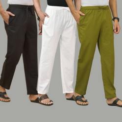 Combo of 3 Black White and Mos Green Cotton Men Pants-45649