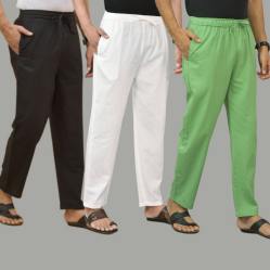 Combo of 3 Black White and Parrot Green Cotton Men Pants-45657