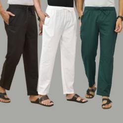Combo of 3 Black White and Teal Blue Cotton Men Pants-45652