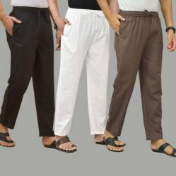 Combo of 3 Black White and Wood Brown Cotton Men Pants-45651