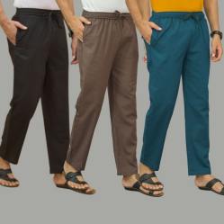 Combo of 3 Black Wood Brown and Blue Cotton Men Pants-45708