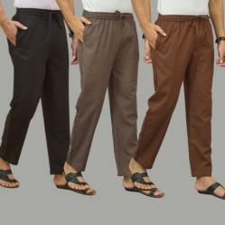 Combo of 3 Black Wood Brown and Coffee Brown Cotton Men Pants-45704