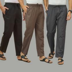Combo of 3 Black Wood Brown and Dark Gray Cotton Men Pants-45705